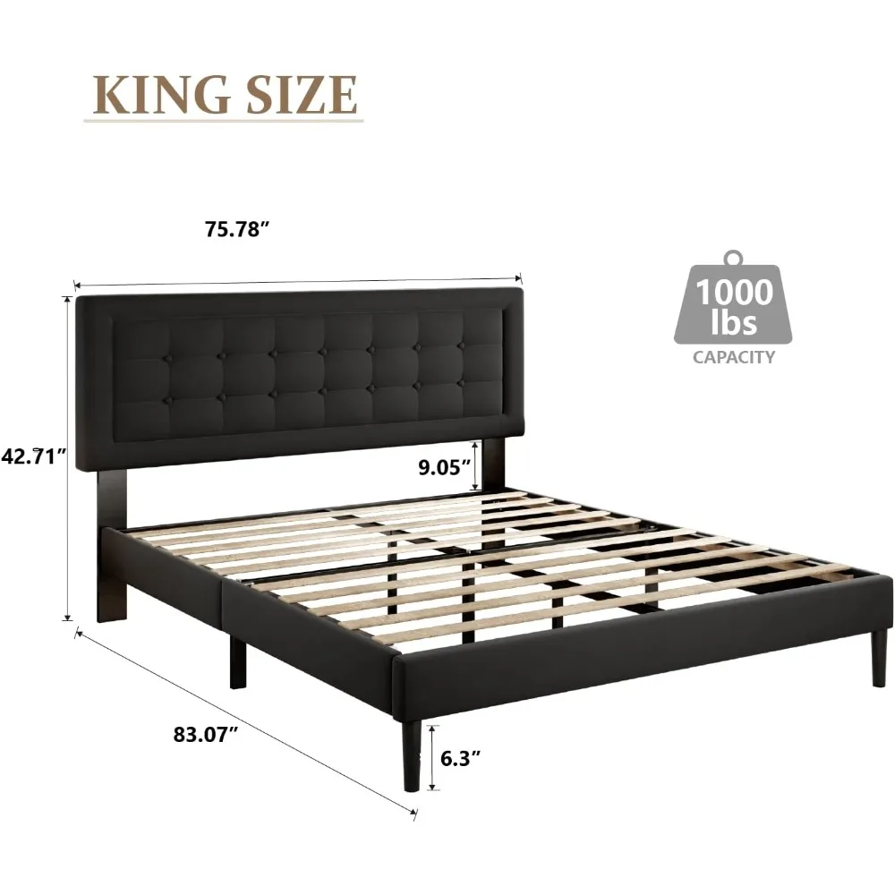 King Size Bed Frame with Velvet Upholstered Headboard, Button Tufted Design, Wood Slats Support, Bed Frame image 2