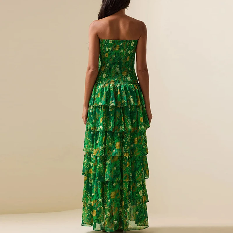 Moda sem alças plissado impresso vestido longo verde cintura alta em camadas bolo vestido elegante feminino oco sem mangas vestido de férias