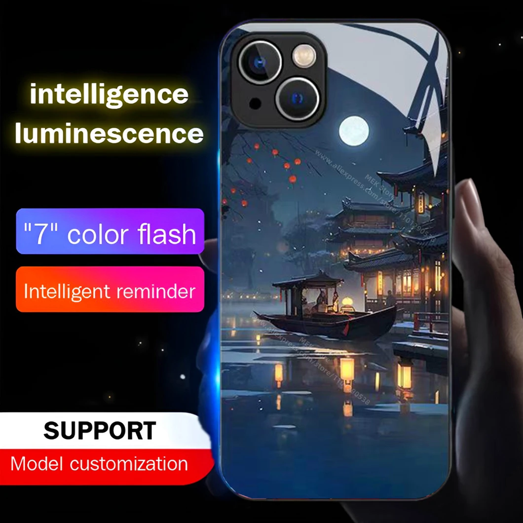 

Ancient Moonlight Design Smart LED Light Glow Tempered Glass Phone Case For iPhone 16 E 15 14 13 12 11 Pro Max X XS XR Plus SE