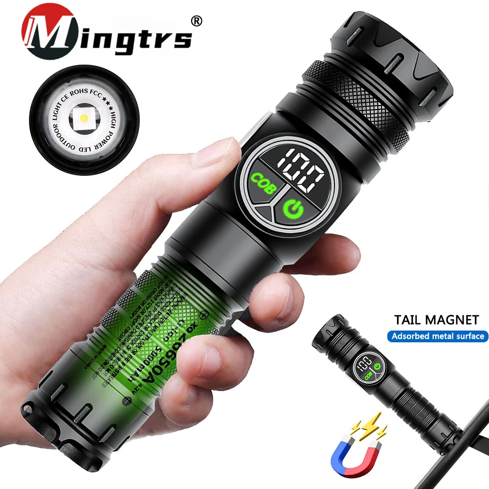 

9 Modes USB Rechargeable LED Flashlight Torch with COB Side Light Screen Digital Display Tail Magnet Long Distance Flashlight