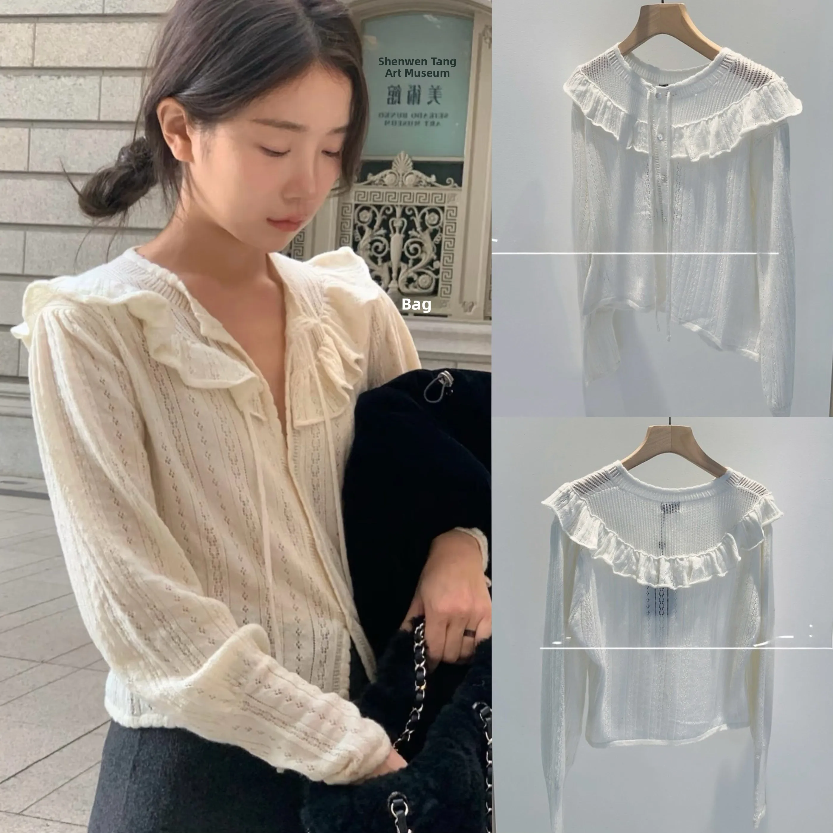 

TheBarnet ort Knitted Cardigan Sweet Sle round Ne Lace Trim Belted Versatile Top Women's Faion Autumn Winter ential