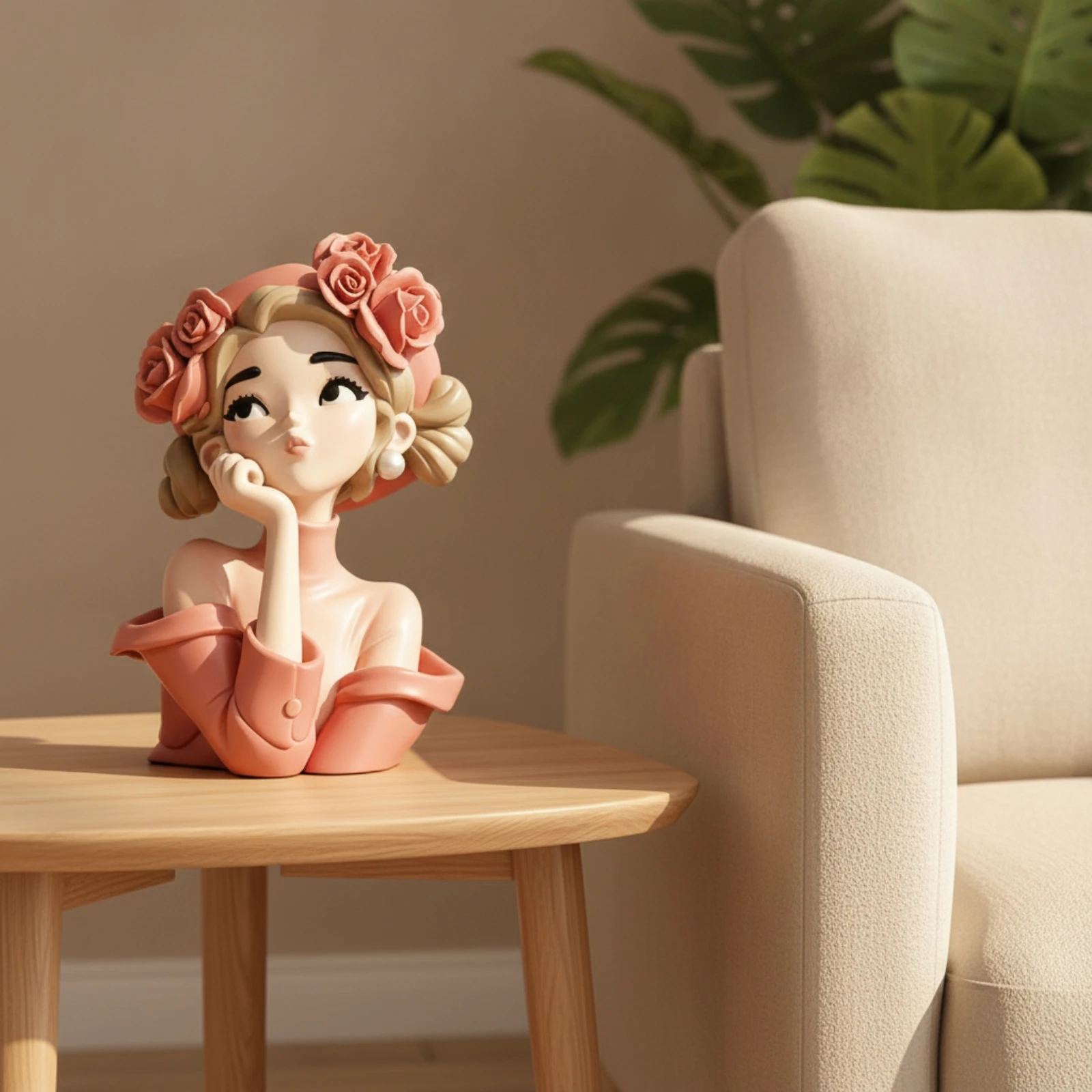 Girl Figurine with Rose Headband Tabletop Girl Bust Woman Sculpture Artistic Lady Figurine Chic for Vanity, Shelf