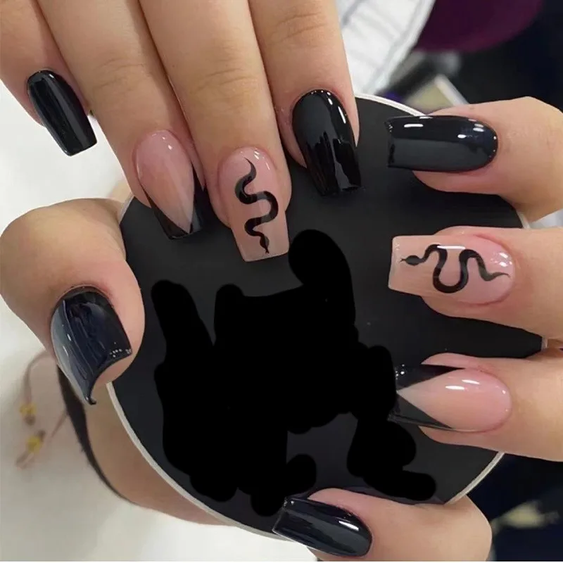 Uñas postizas cortas y brillantes, Uñas postizas desmontables con acabado de corazón de amor, color negro francés, 24 unidades por juego, envío gratis