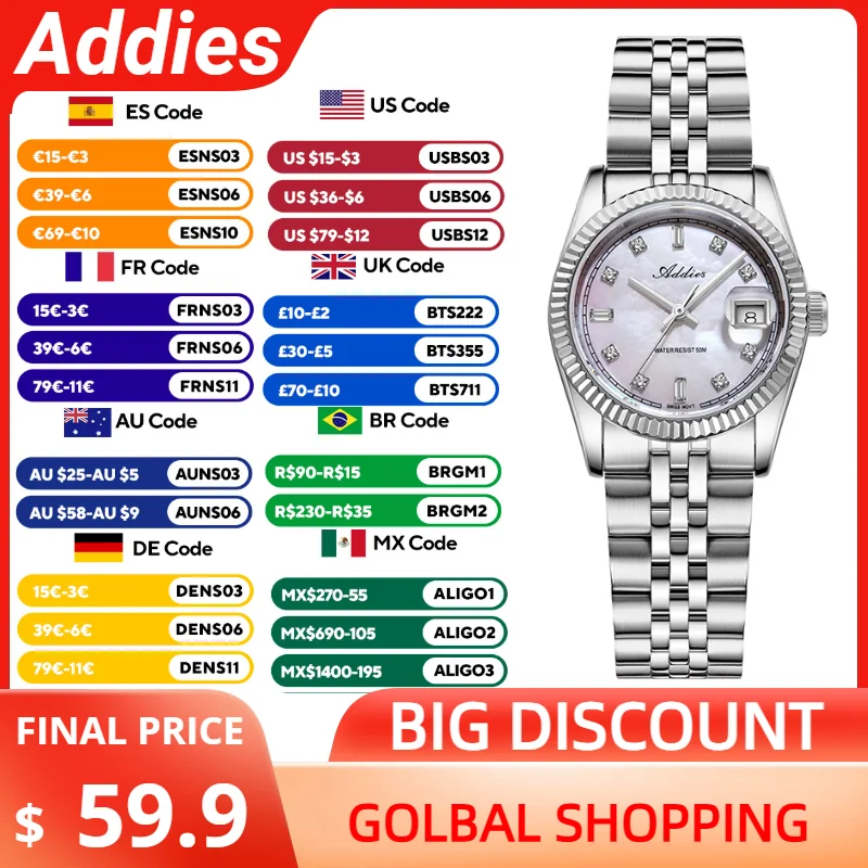 ADDIES Luxury Woman Watches Sapphire Crystal Stainless Steel Women Quartz Watch 50m Waterproof Sport Laides Wristwatch 2026 New