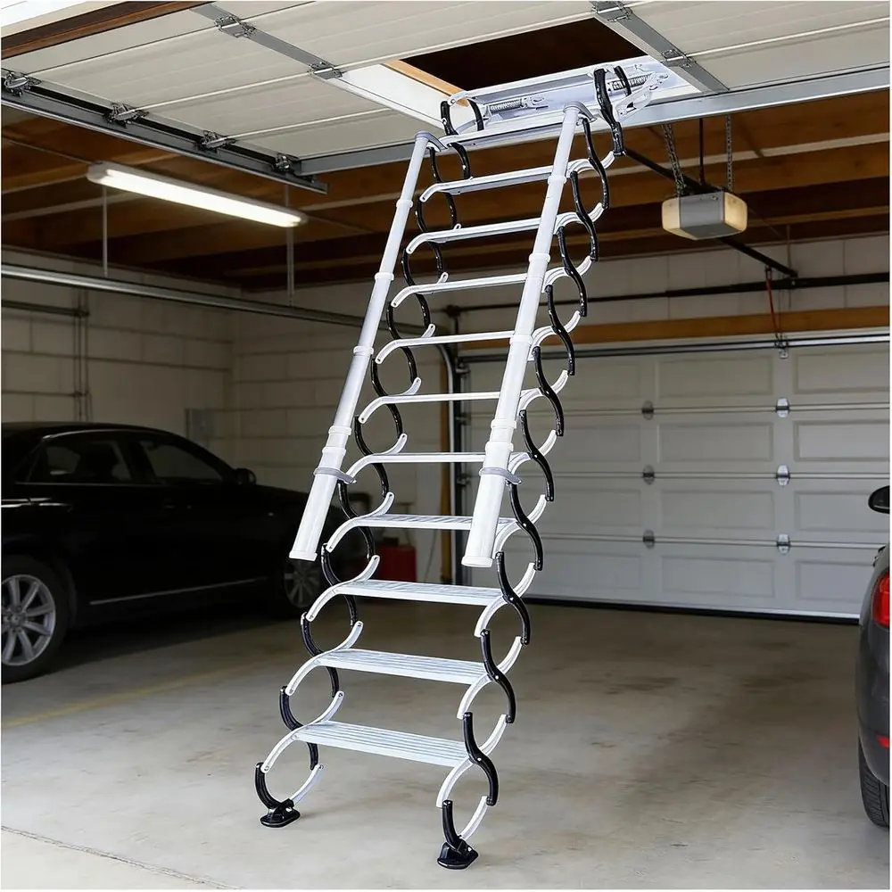 

11-Step Wall-Mounted Folding Ladder with Handrails, 660lb Load Capacity, Retractable Attic Stair System, Wider Anti-Slip Steps f