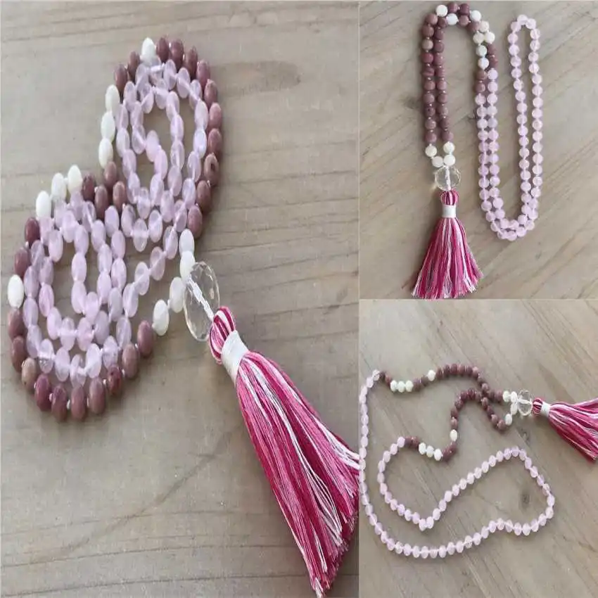 8mm Natural Rhodonite 108 Beads Tassel Knot Necklace Opera length Prayer Crystal Rustic Women Peace Men Hipster Unisex Spiritual