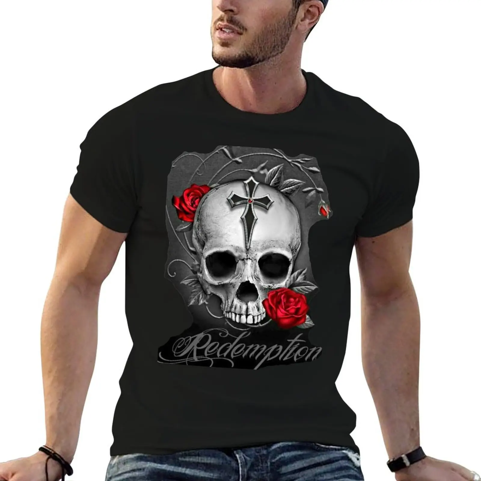 Redemption Skull with roses T-Shirt shirts graphic tee valentines clothes mens t shirt graphic
