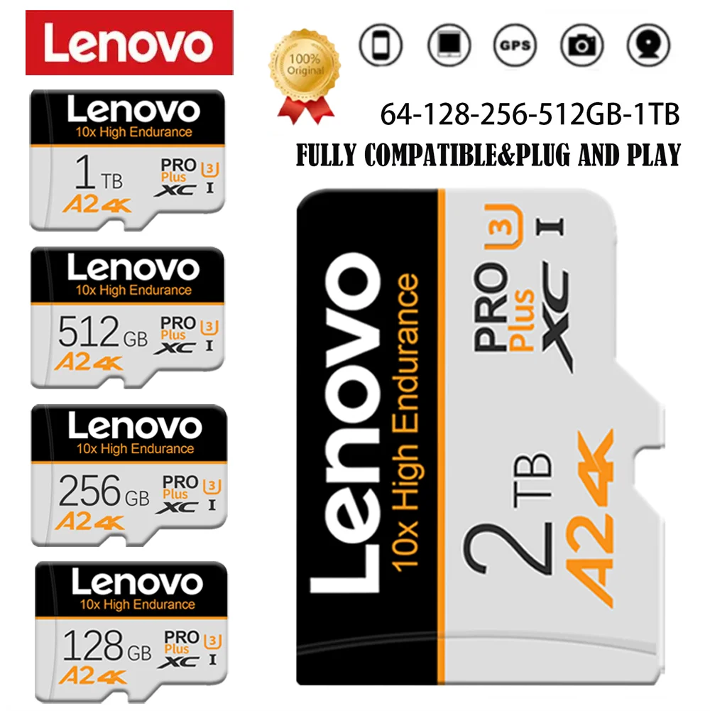 Lenovo Micro TF SD Card High Speed 2TB 1TB 512GB 256GB 64GB TF Flash Card 128GB Memory Card For Phone Camera With Free Adapter