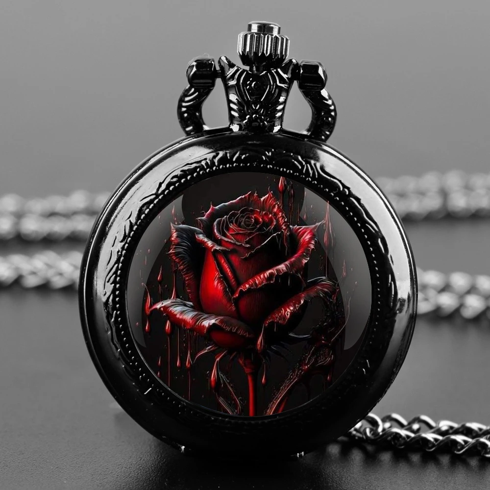 

Red Rose Inspired Design Black Quartz Pocket Watch with Durable Chain Arabic Numeral Time Display for Men and Women Gifts