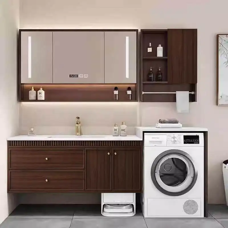 

integrated basin, washing machine cabinet, bathroom cabinet combination, rock slab bathroom sink