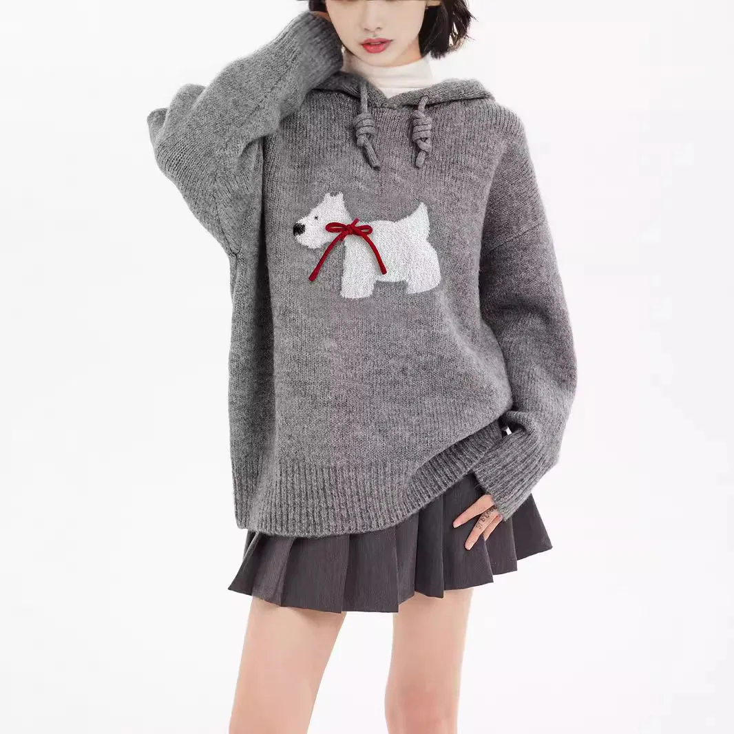 Grey Puppy Print Hooded Women's Sportswear 2024 New Fashion Cute Sweater Autumn and Winter Women's High-end Top Women's Clothing