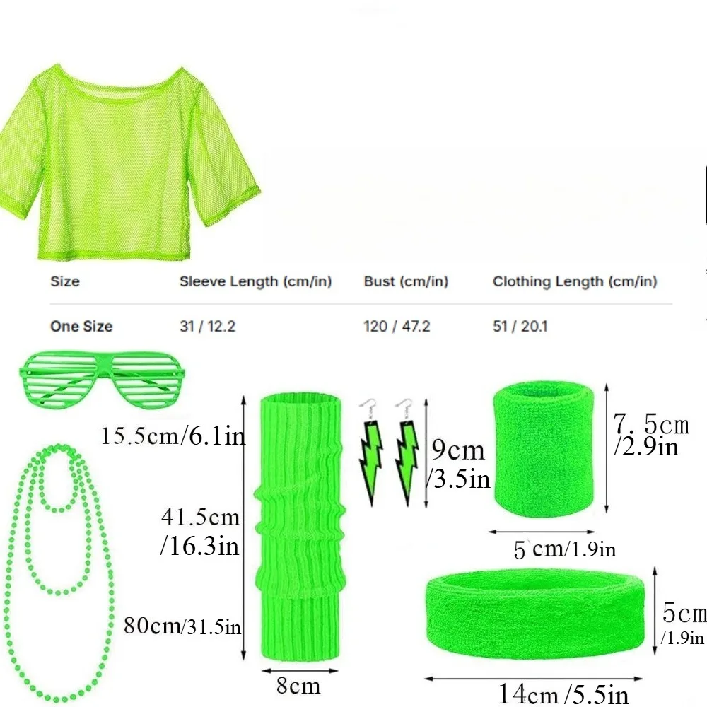 80s Retro Neon Costume Accessory Set Mesh Crop Top Wristbands Shutter Shades Lightning Earrings Beaded Necklace Disco Party - view 4