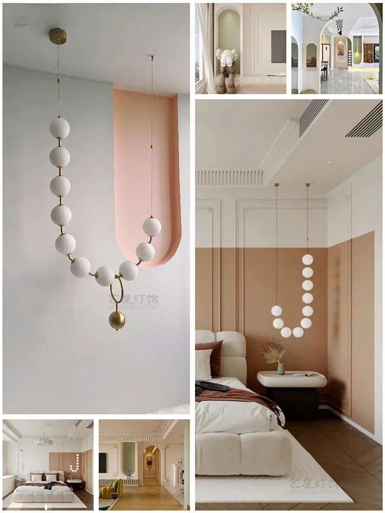 bedside retro cream wind bedroom chandelier light creative necklace bead background wall lamp