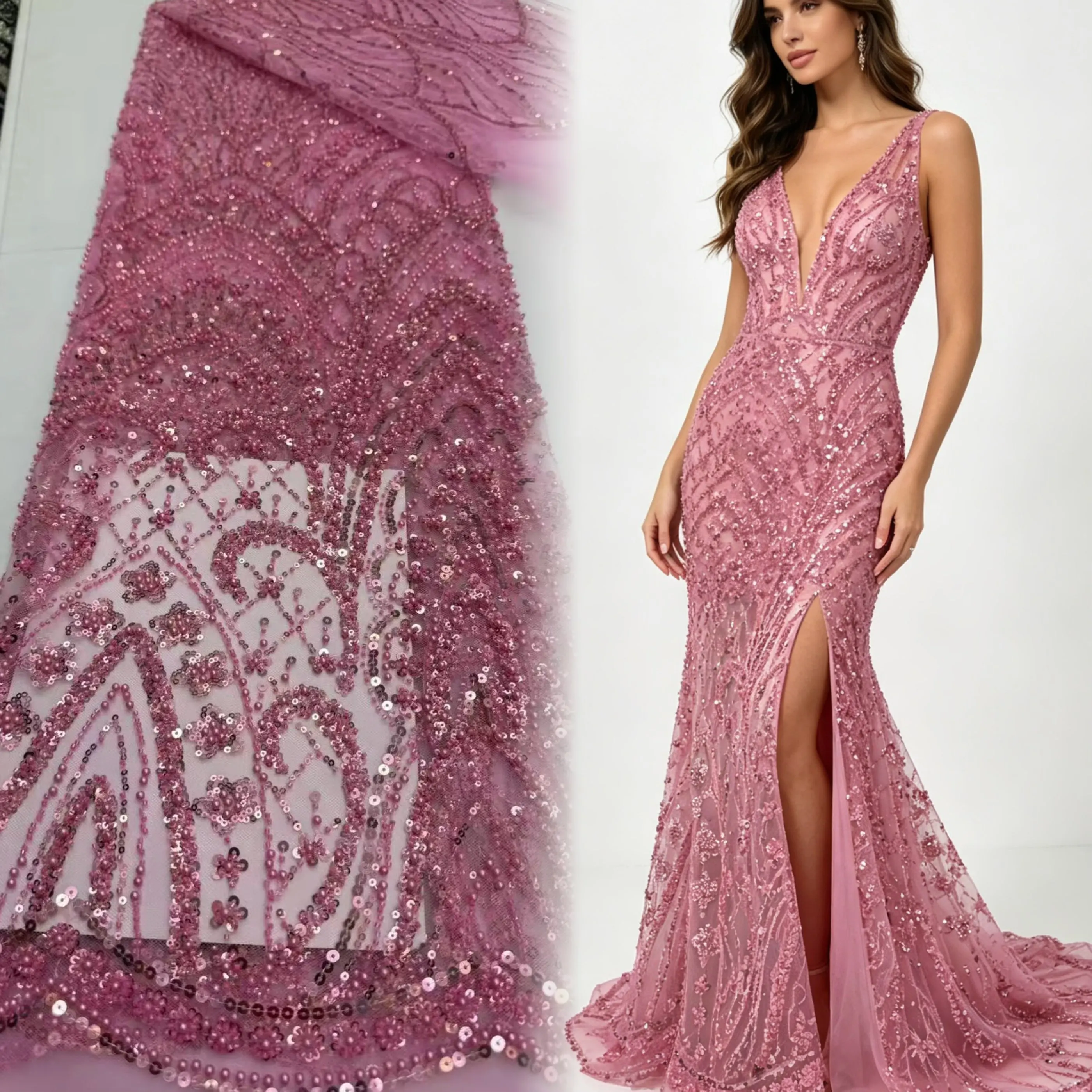 

Pink African Heavy Beaded Lace Fabric Embroidered Geometric Sequins High Quality 5 Yards For Bridal Gowns & Evening Dresses