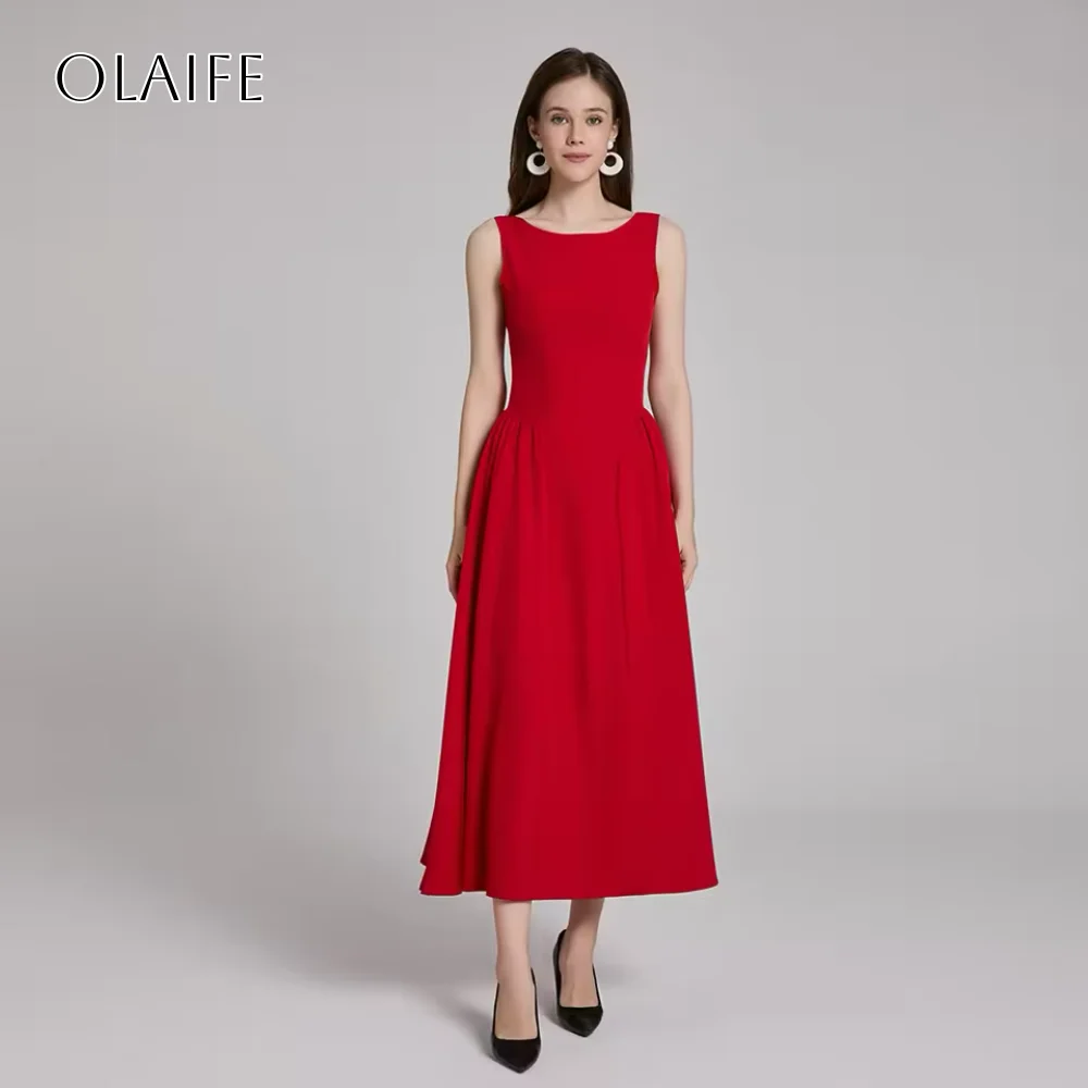 فساتين أنيقة لحفلات العودة للوطن من الساتان على شكل حرف A بدون أكمام بطول الشاي فساتين حفلات مخصصة #1