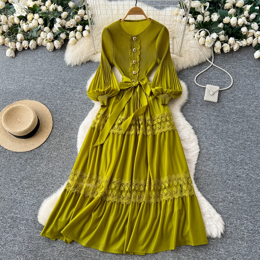 

Women Dresses Solid Dress Lace Up Button Embroidered Round Neck Ankle Length Lantern Sleeves Empire Waist Office 2025 Autumn