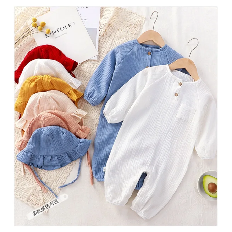 Newborn Baby Clothes Spring Autumn 100% Cotton Gauze Romper Cap Set Onepiece Pijamas Muslin White Waffle Jumpsuit Mamelucos Ropa