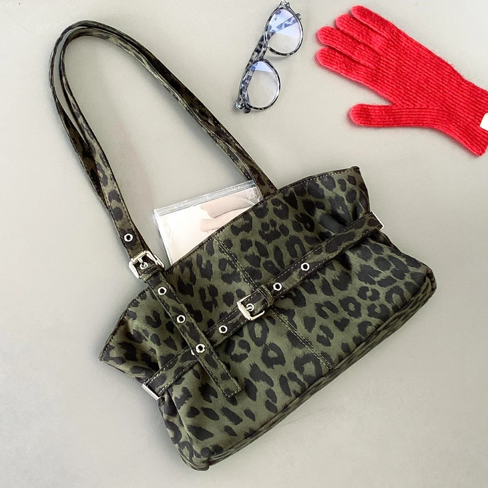 

Retro Leopard Tote Bags for Women Belt Decoration Shoulder Bag Studded Women Handbags and Purses Animal Printed Shopper Bag NEW