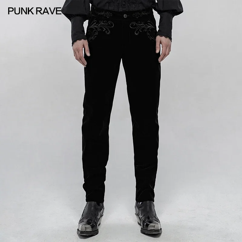 PUNK RAVE Men\'s Gothic Dark Jacquard Blood Pants Waist Delicate Lace Party Dinner Club Wedding Black Trousers Men