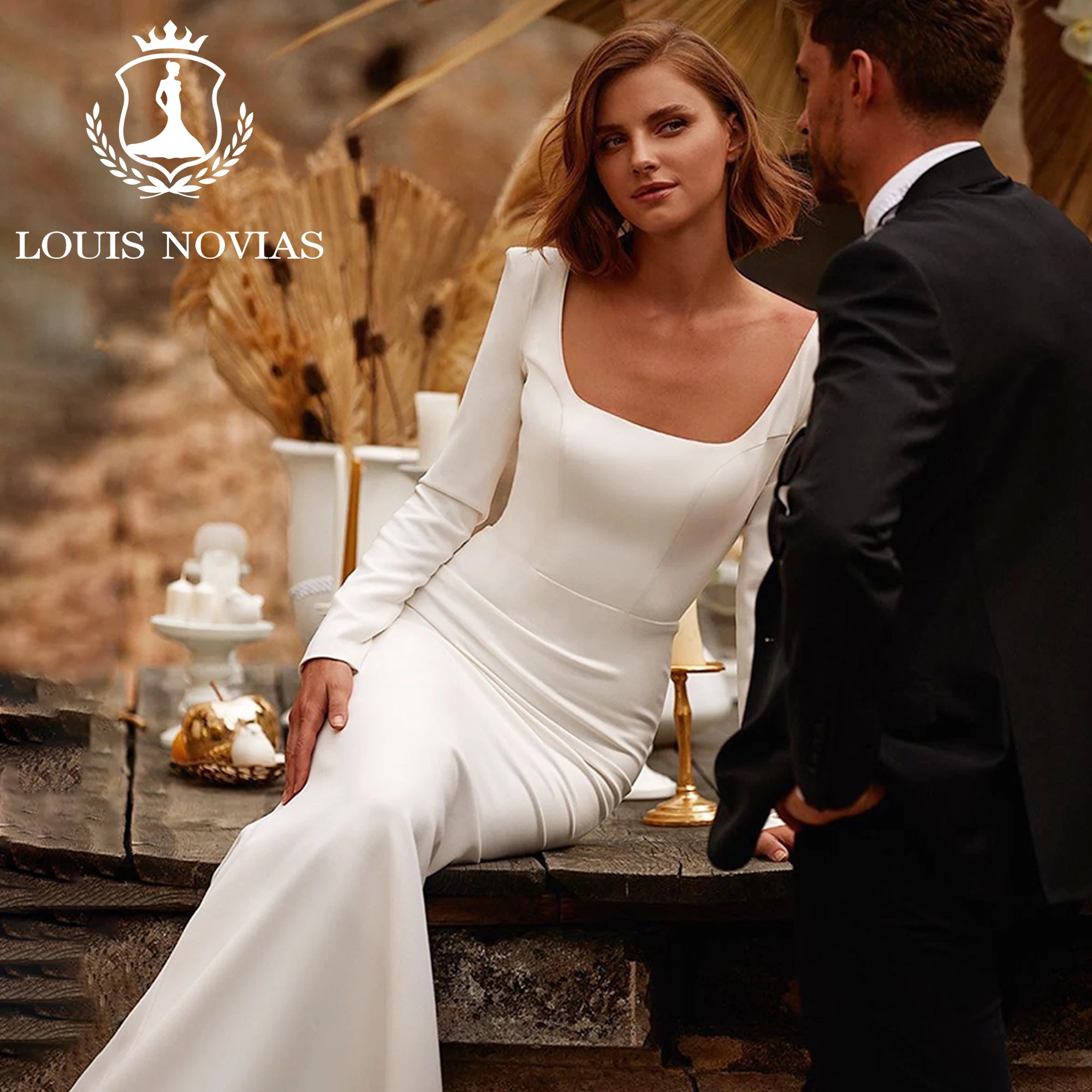 LOUIS NOVIAS sirena vestido De Novia De manga larga sin espalda moderno cuello cuadrado sin espalda elegante vestido De Novia De satén Vestidos De Novia