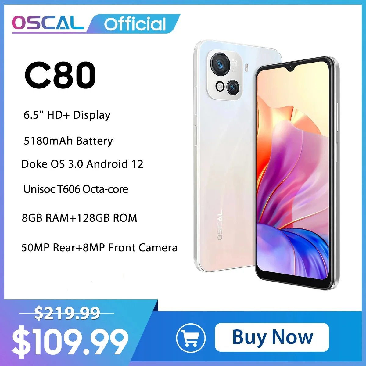 OSCAL C80 언락 휴대폰, 안드로이드 12 스마트폰, 6.5 인치, 8GB RAM, 128GB ROM, 50MP 카메라, 5180mAh, 18W 고속 충전, T606