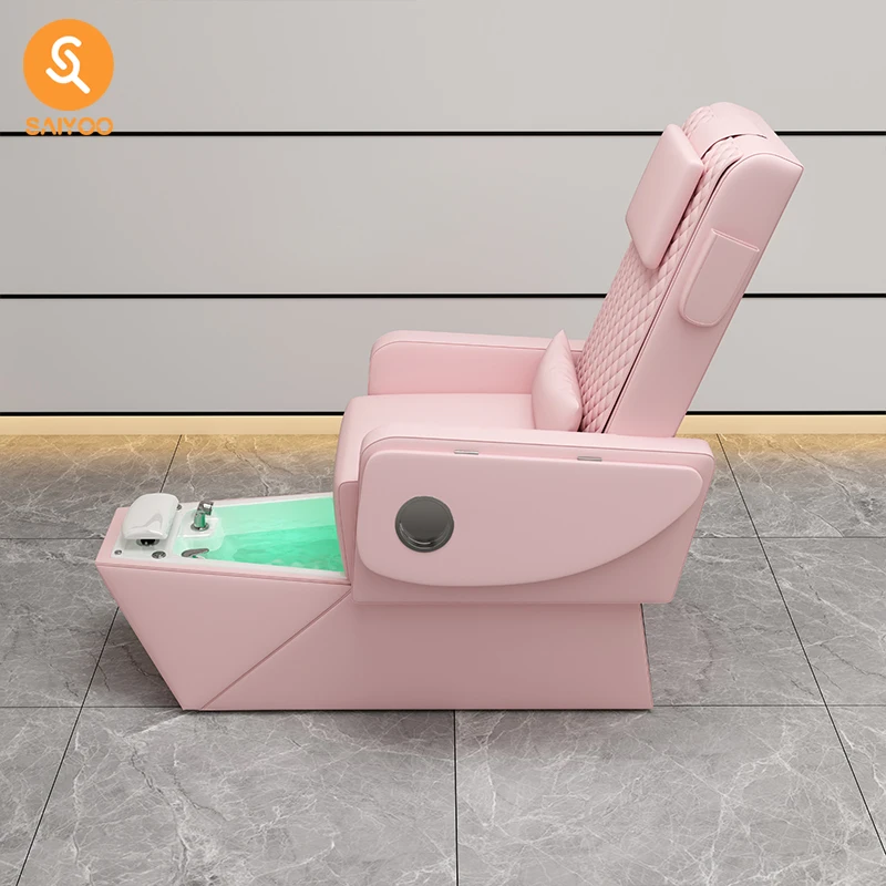 Sillón de pedicura rosa suave y cómodo con funda de asiento, ideal para salón de manicura