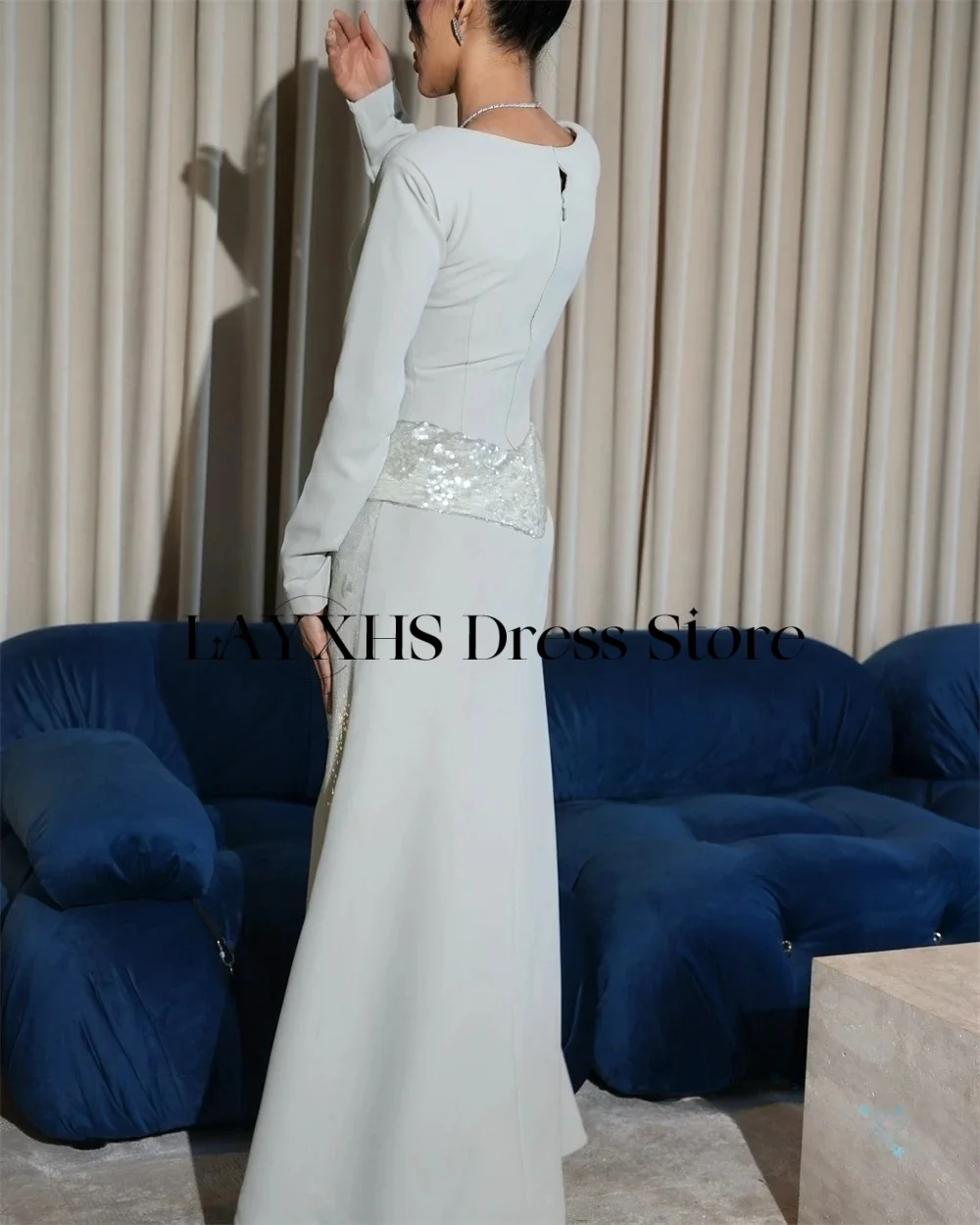 LAYXHS Vestido de noite com decote quadrado de alta qualidade, lantejoulas, sereia, manga comprida, fenda lateral, vestido de baile personalizado