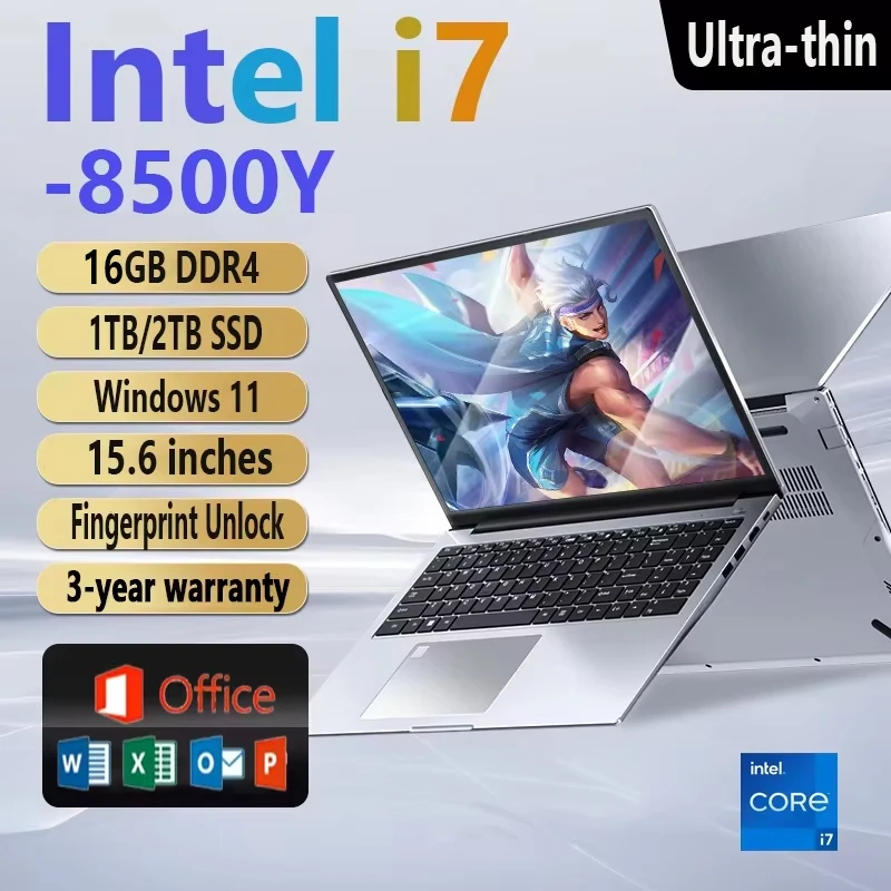Ordinateur portable ultra-fin de 15,6 pouces, 16 Go de RAM, 1 To de SSD, Intel Core i7 8500Y, écran HD 1920*1080, ordinateur de bureau et d'étude, PC, Windows 11 Pro