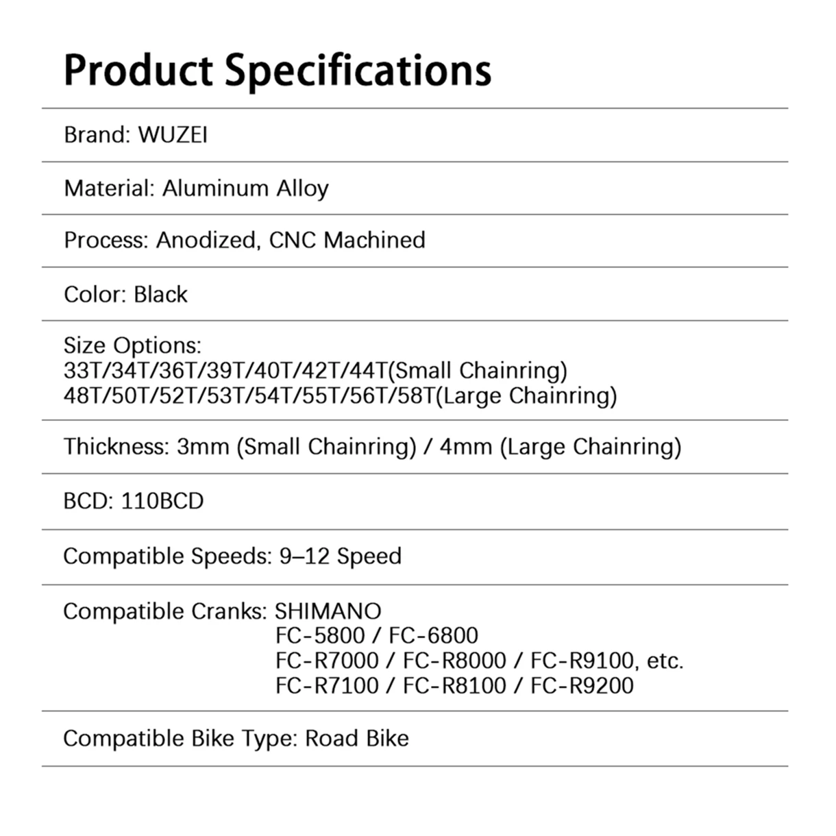 WUZEI 110BCD Doppelkettenblatt 2x 10/11/12-fach Rennrad-Kettenblatt für Shimano 105 5800 6800 48T/33T 50T/34T 52T/36T 53T/39T – Detail 2