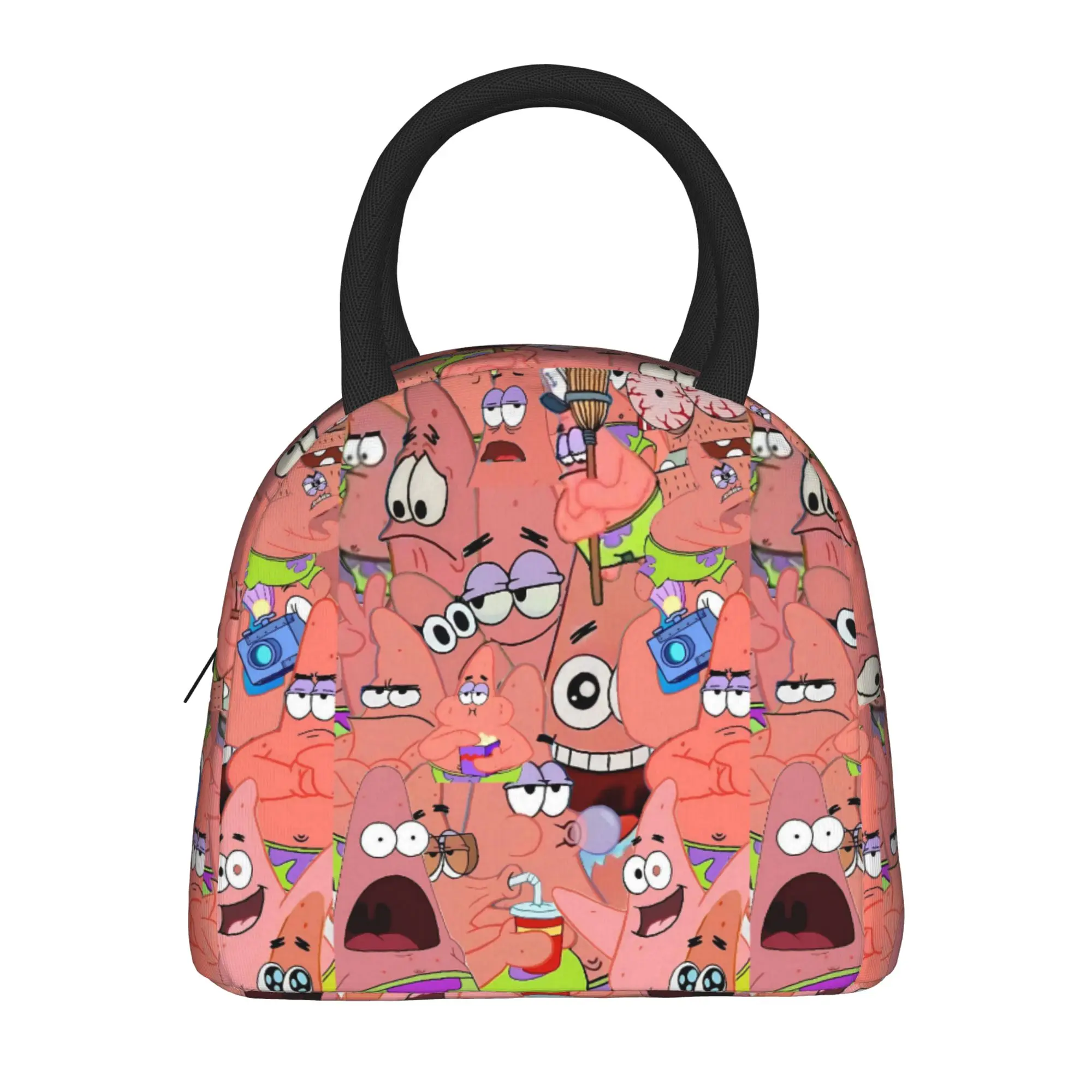 S-SpongeBobed Crazy Cartoon Face Print Lunch Bag  Convenient Lunch Box Travel Graphic Cooler Bag Leisure Thermal Tote Handbags