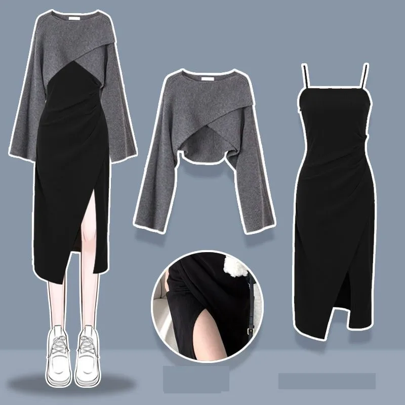 Feminino outono inverno novo vintage o-pescoço camisola de malha + saia estilingue sexy terno de 2 peças coreano chique curto pulôver vestido