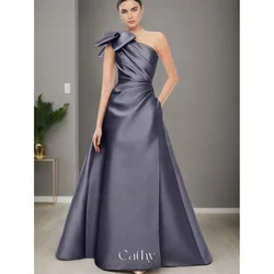 Cathy One Shoulder Satin Wedding Dresses Bow A-line vestidos de noche Elegant Sleeveless Zip Back Floor-length Formal Evening