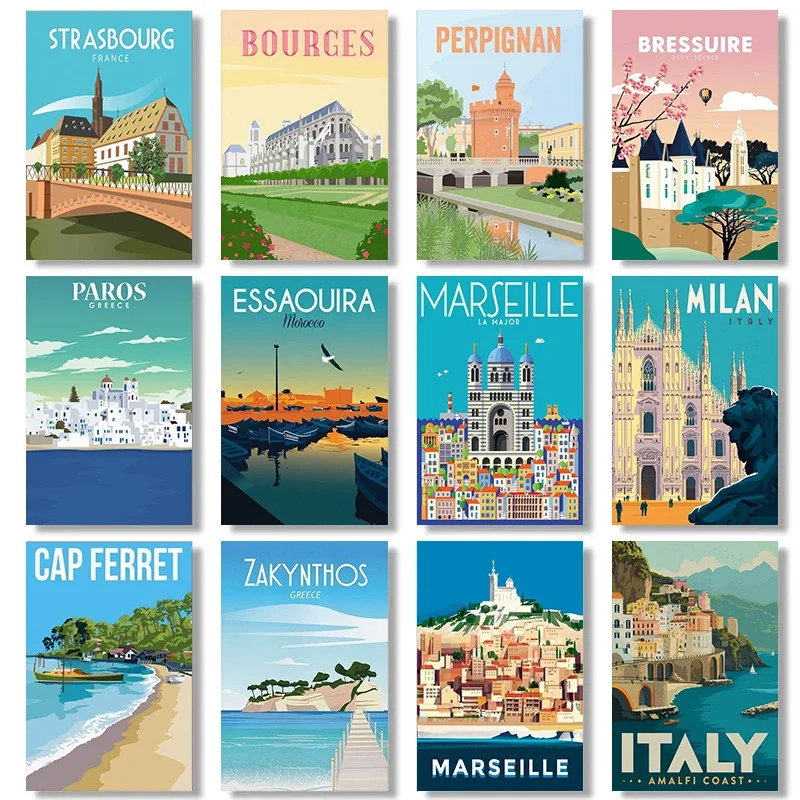 Póster de viaje de Francia, Strasburgo, París, Marsella, Milán, Italia, pintura en lienzo, arte de pared de Grecia, decoración del hogar, decoración para sala de estar como regalo