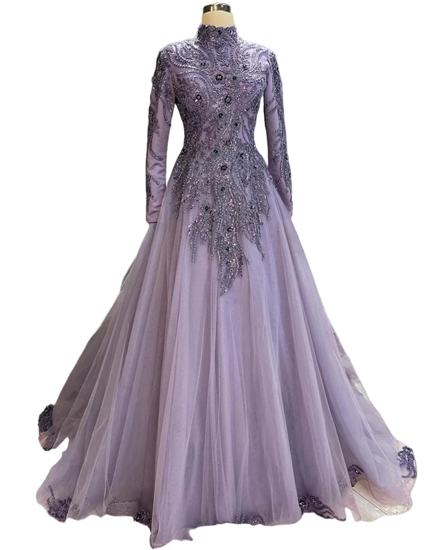 Muslim lilac lavender Prom Dresses 2023 Dubai Long Sleeve Elegant princess Women evening Party Gown Turkey Bespoke Occasion