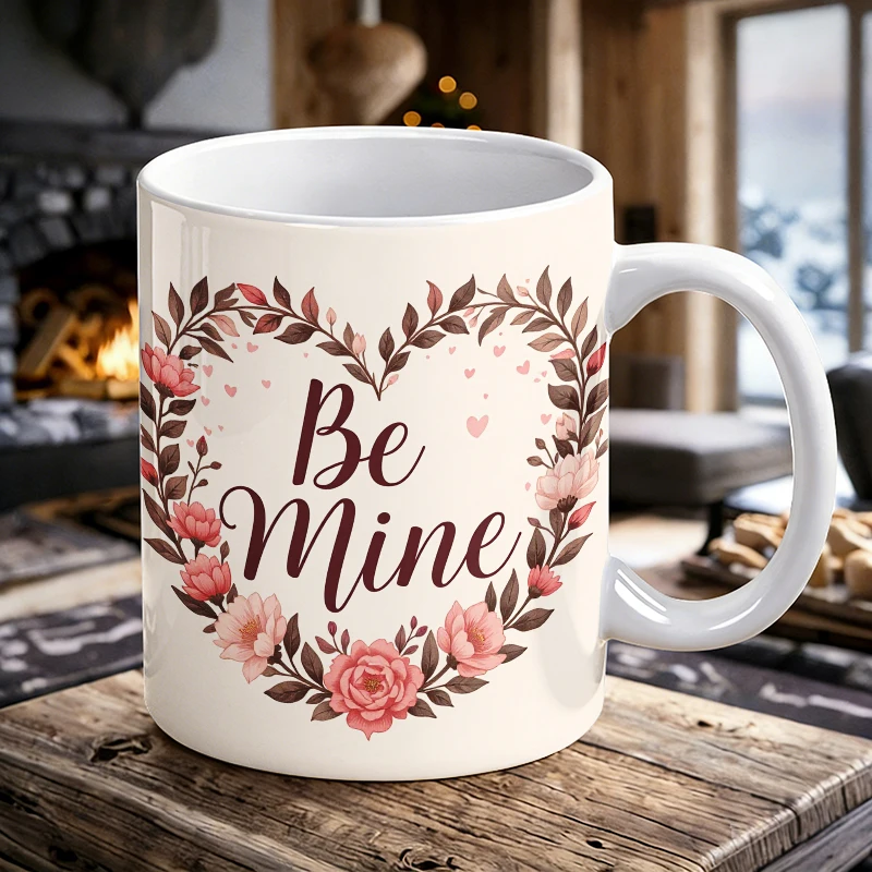 

'Be Mine' floral heart wreath ceramic cup with handle, creative coffee cup, milk cup, office tea cup,drinking cup,fade-resistant