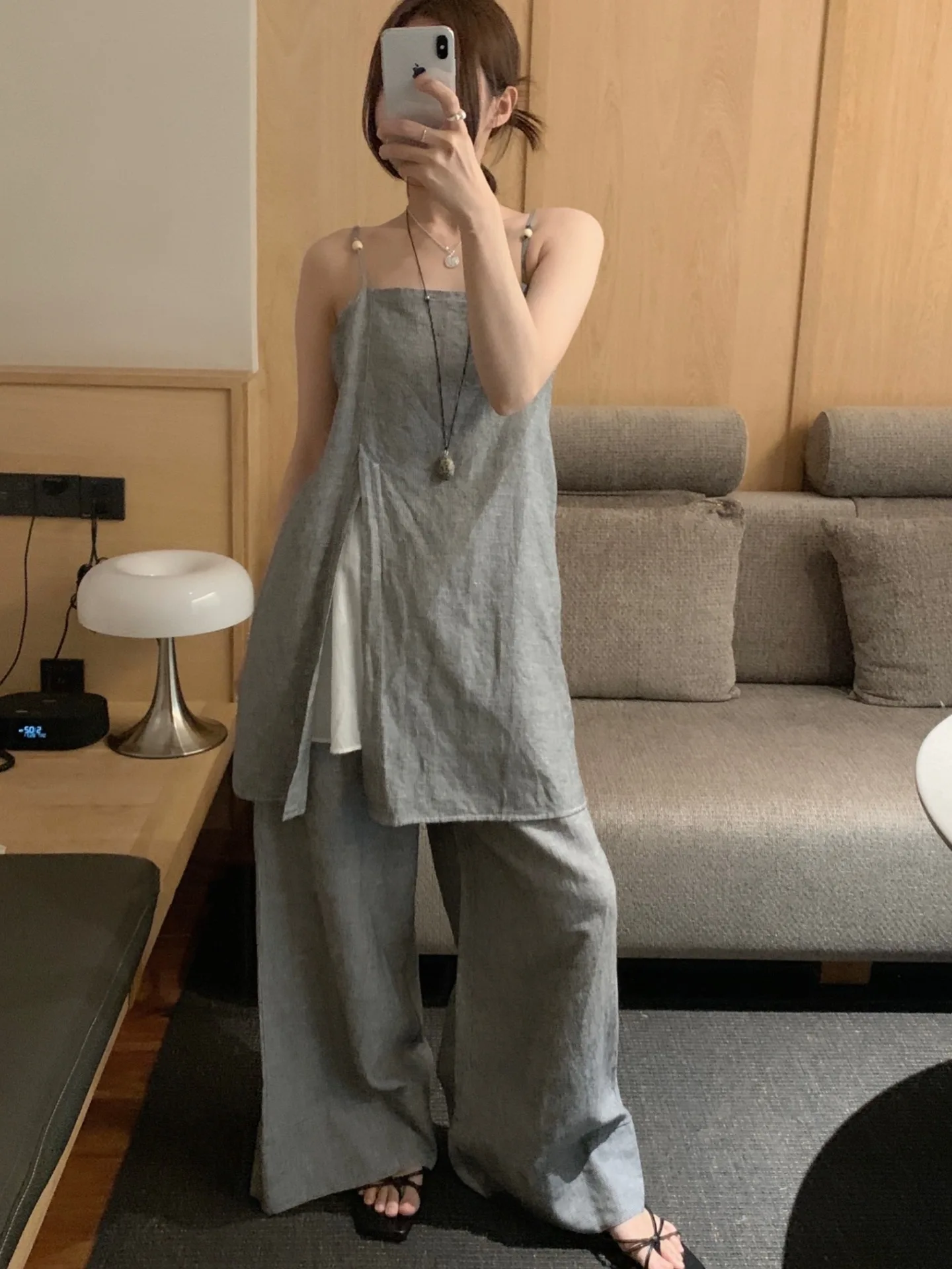 

Retro Layered Side Split Vest Strap Women's Summer High Waist Casual Floor-Length Pants Faionable And Sli Ladies' Clothing