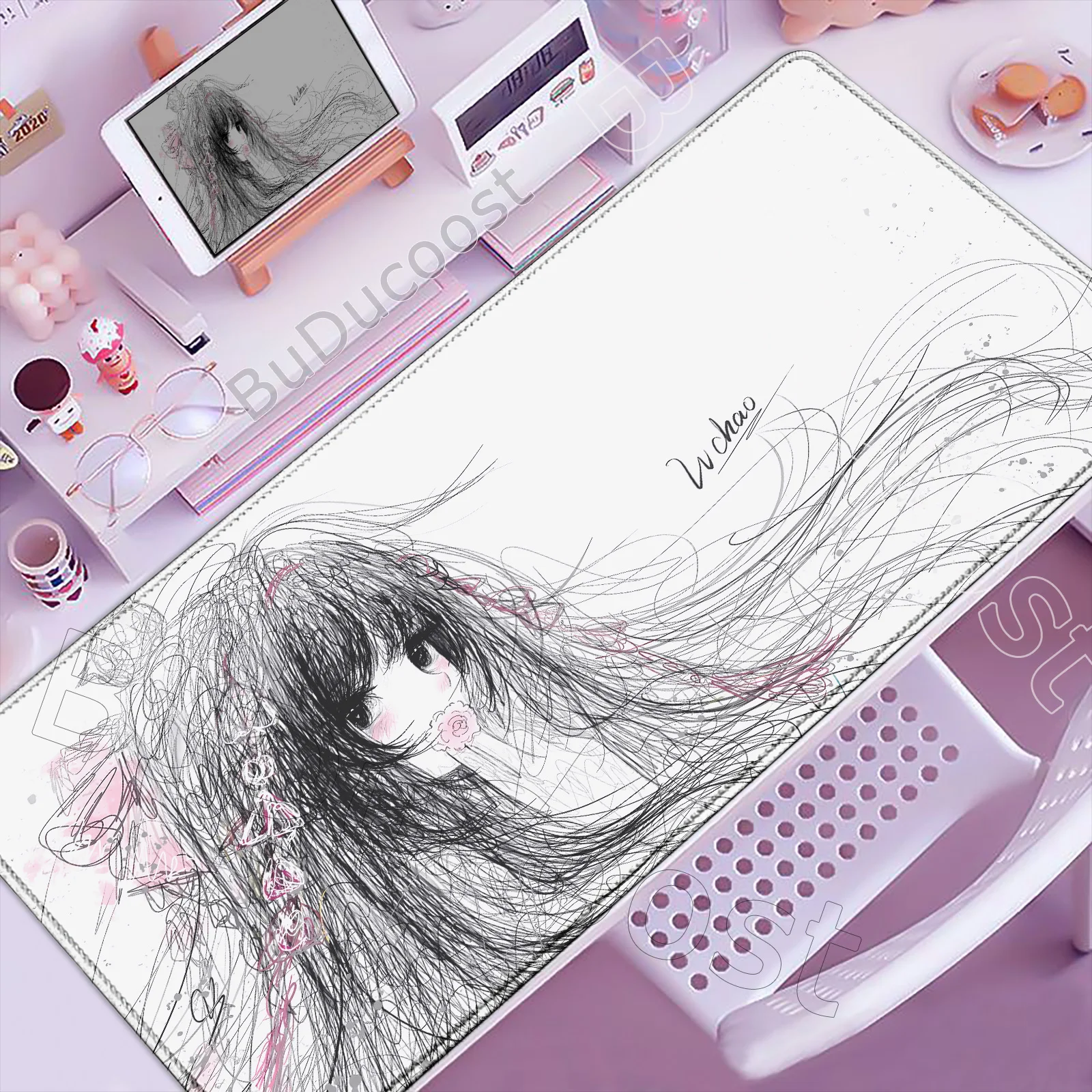 

HD Printing Pretty Line Drawing Anime Girl Mousepad Art Design Laptop PC Gaming Mice Mat Non-slip Rubber Mouse Pad XXL Desk Mat