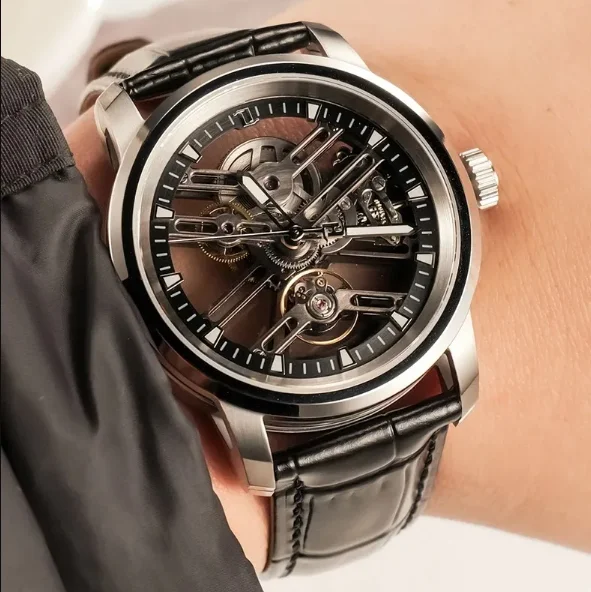OBLVLO Men Automatic Watch 42MM Mechanical Wristwatch Luminous 50M Waterproof Sapphire Skeleton Dial Leather Strap