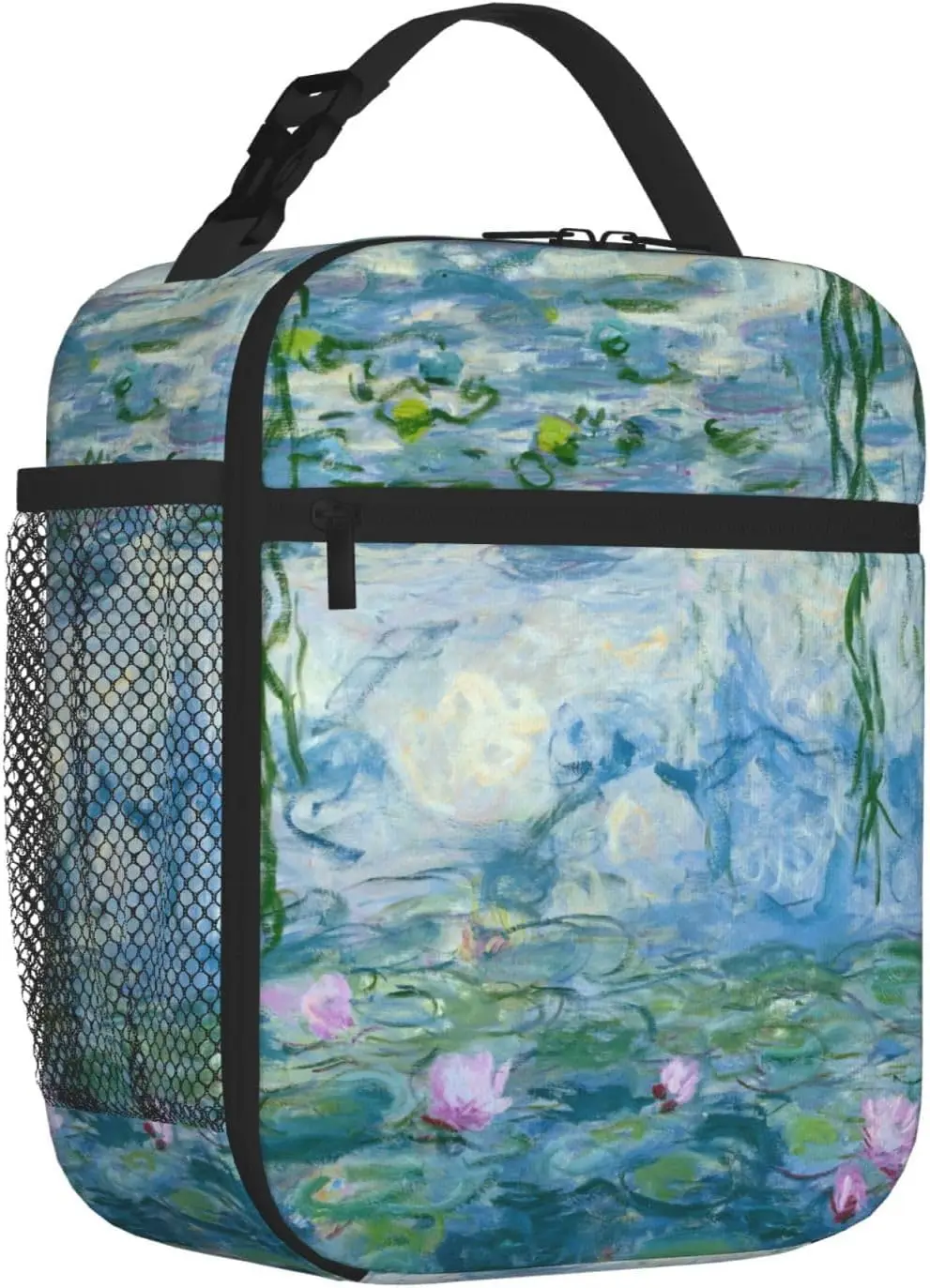Water Lilies Floral Printed Lunch Bag With Side Pocket Lunch Box Insulated Soft Bag Thermal Meal Tote For Work Picnic image 2