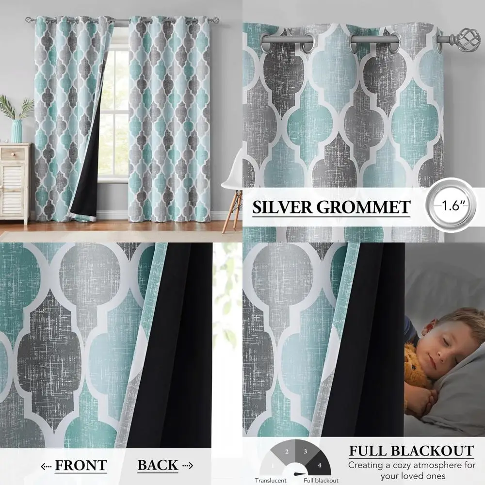 

Аква-серый марокканский гео узор, длинные плотные шторы длиной 48 дюймов для спальни и гостиной, комплект из 2 панелей с теплоизоляцией