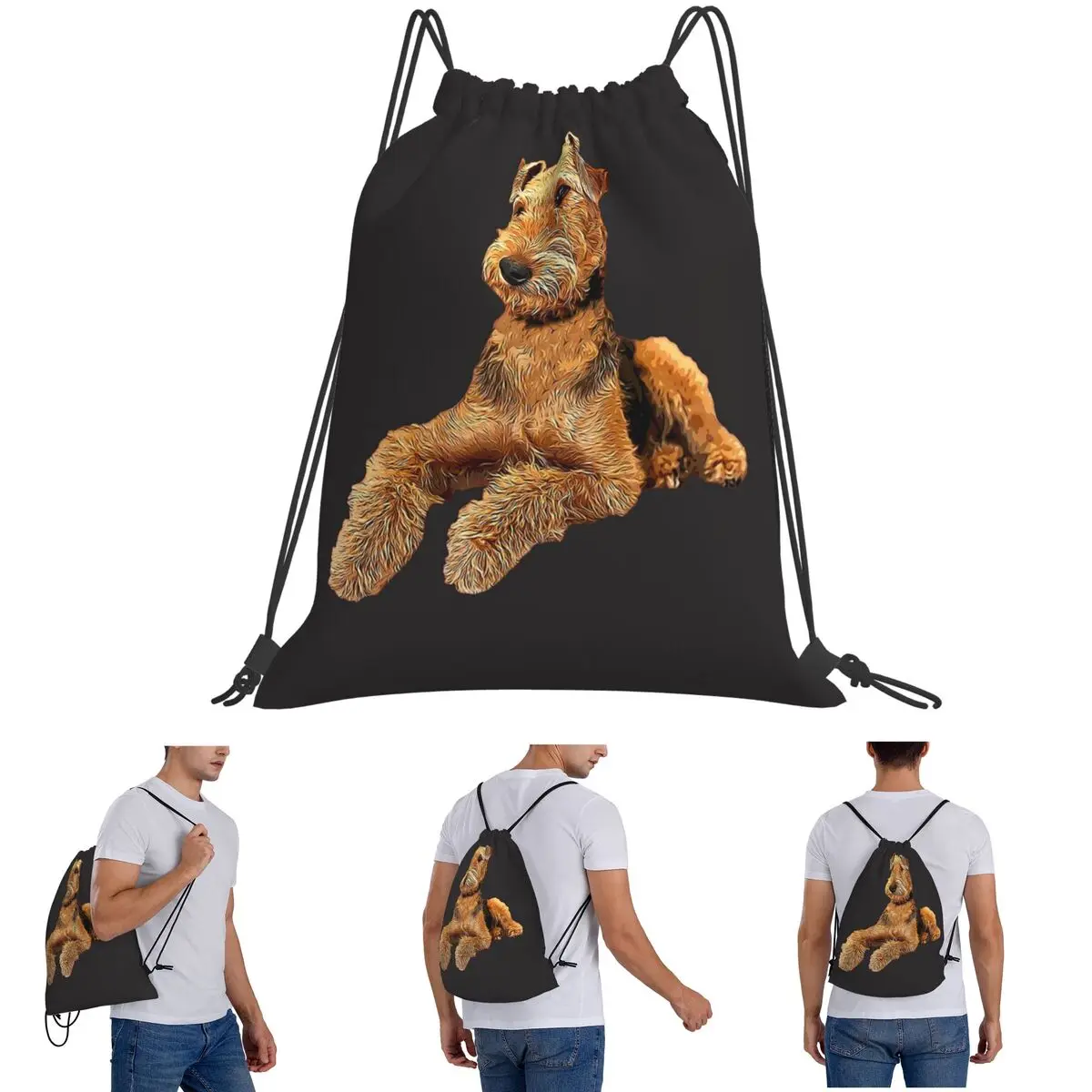 Airedale Terrier Beautiful Dog Backpacks Casual Drawstring Bags Sports Bag Book Bags for Travel School