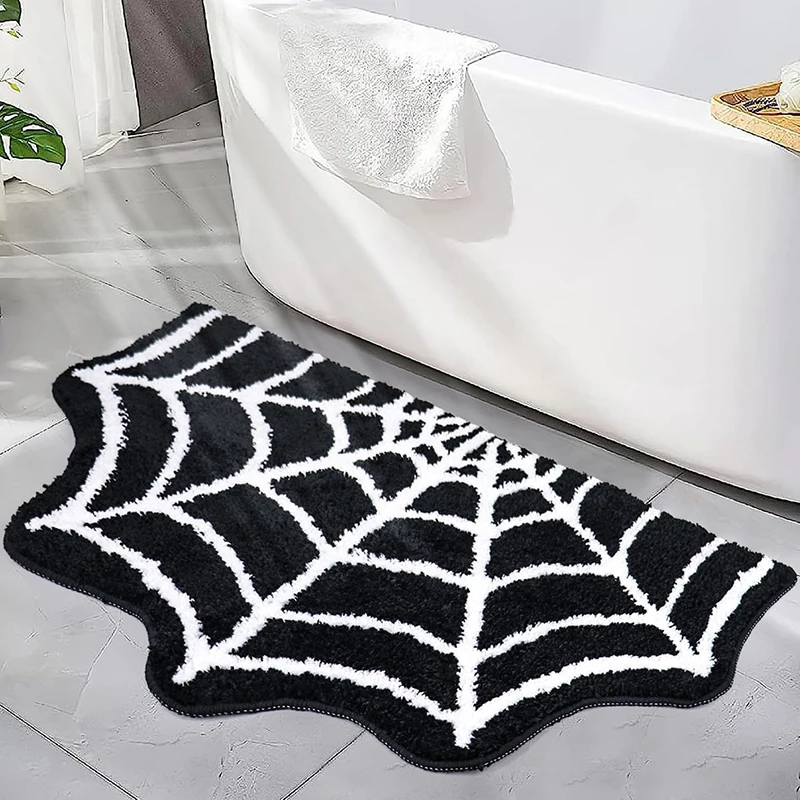 Black Spider Web Halloween Rug Bathroom Rug For Halloween Decor Spooky Gothic Bath Mat Non-Slip Tufted Mat For Front Door Living