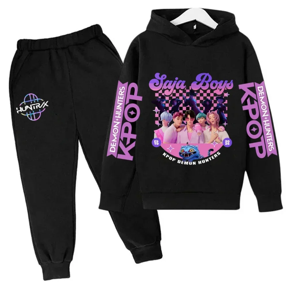 

2pcs Girls Boys Hooded Sweatshirt Sweatpants Set KPop Demon Hunter Cartoon Warm Children's Fashion Casual Tops Girls Clothing