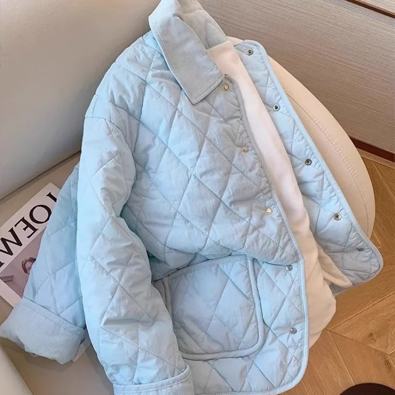 

Korean Lazy Style Blue Cotton Jackets Autumn Winter Thin Thicked Warm Tops Mujer All-match Casual Loose Top for Women