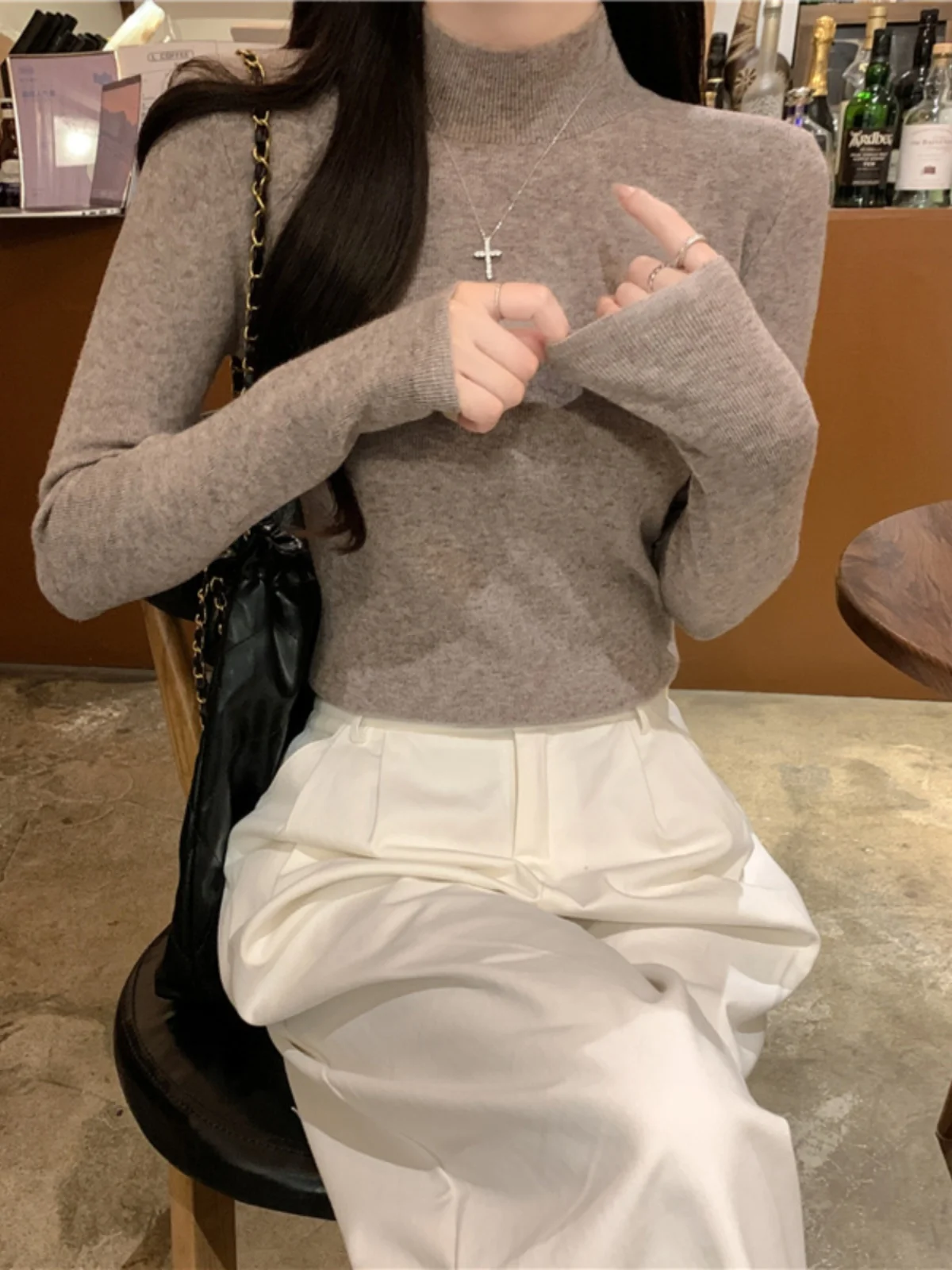 

Slim Fit f High Collar Knitted Base irt Women's Casual Thin Faion Spring Autumn Pure Color Commute Sle Long Sve