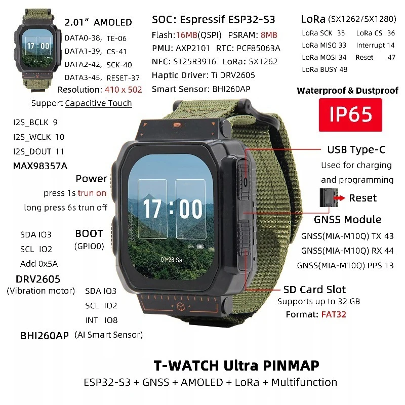 Esp32-s3 Smart Watch Dev Kit, Wifi, Sx1262 Lora Transceiver, 2.06
