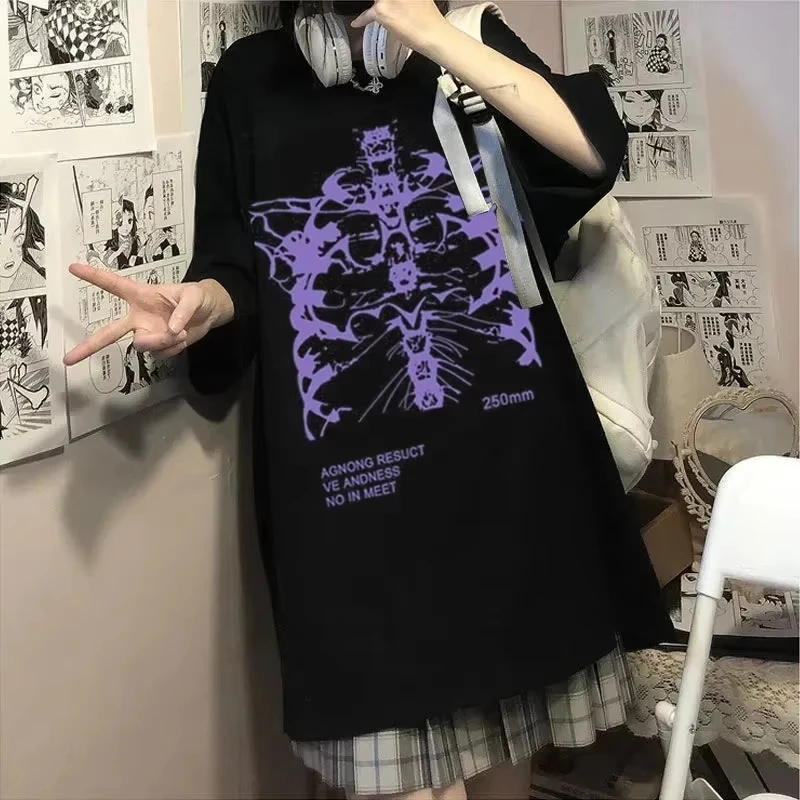 Gothic Hip Hop Streetwear Y2k Harajuku T-Shirts mit Skelett-Print, schwarze Gothic-Kleidung, lässige, lockere T-Shirts mit kurzen Ärmeln und Rundhalsausschnitt, unisex. – Detail 2