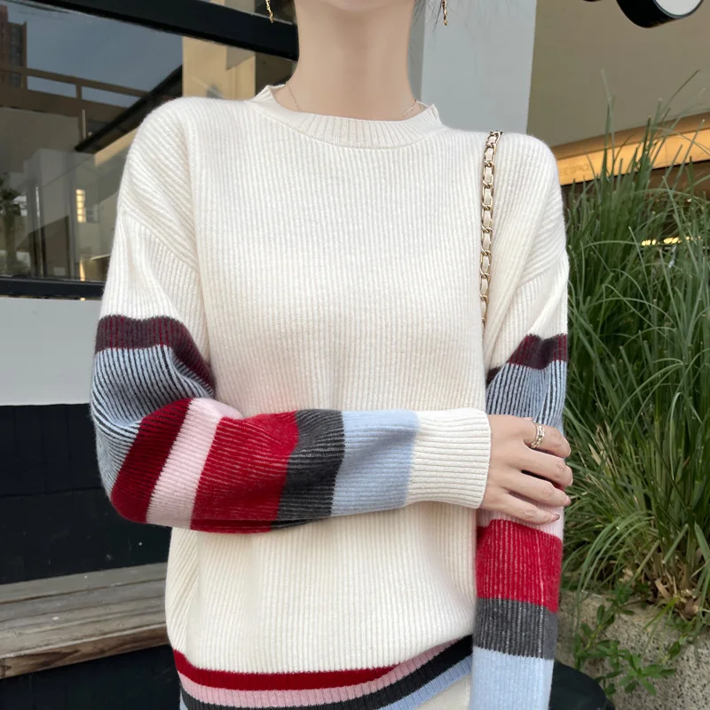 100% laine mérinos nouveau col rond tricoté pull pull cachemire manches longues minceur couleur-blocage doux vêtements de sport haut