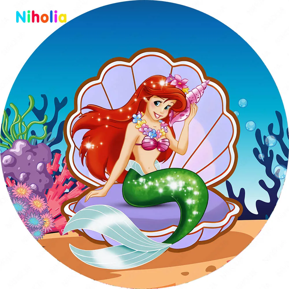 Little Mermaid Princess Round Backdrop Pearly Glittering Shell Girls Birthday Background Cylinder Liner Photography Photo Banner