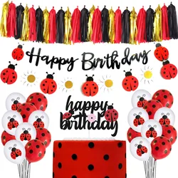 Ladybug Birthday Decorations Happy Birthday Banner Cake Topper Black Red Latex Balloon Cutlery Kids Ladybug Theme Party Supplies